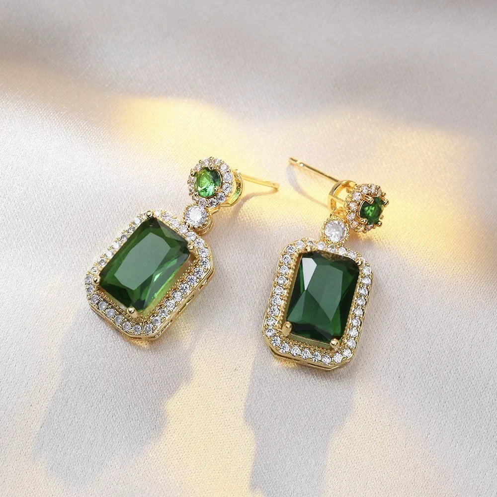 Luxury Emerald Color Earring Necklace Rings Set For Woman Stainless Steel Zircon Rectangle Pendant Necklace Party Jewelry Gift