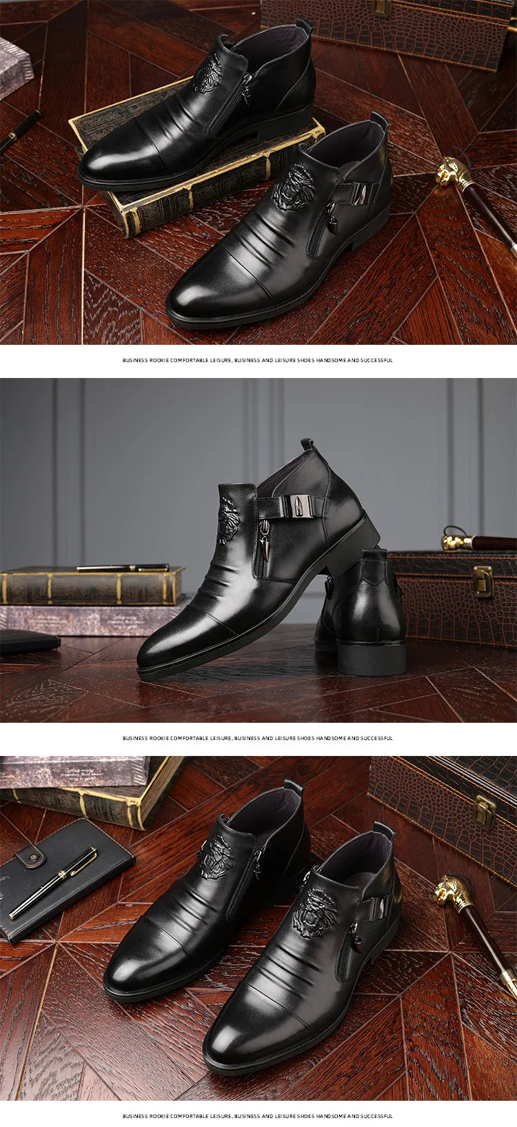 Trendy Men Boots Luxury Men's Shoes High Quality Leather Embossing Men's Boots Zip Male Leather Shoes Hard-Wearing Work Footwear