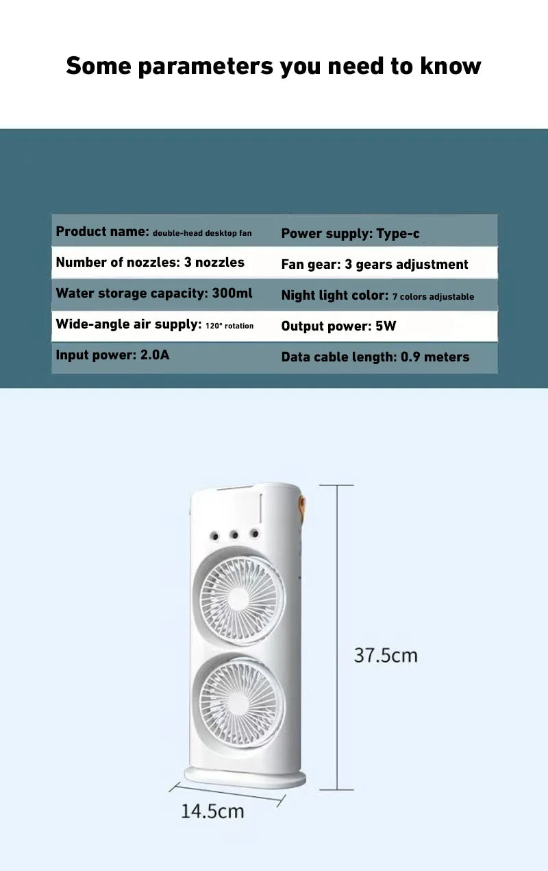 Xiaomi Double-Headed Spray Air Conditioner Fan 3 Speeds Rechargeable USB Desk Air Cooler Night Light with Remote for Office Home