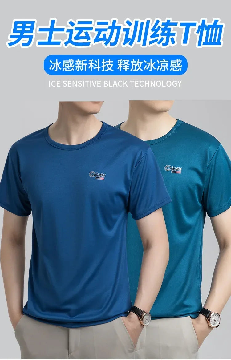 Summer Ice Silk T-shirt Men's Cold Short Sleeve O-neck Stretch Quick-drying Breathable Sports Shirt T Shirt Men