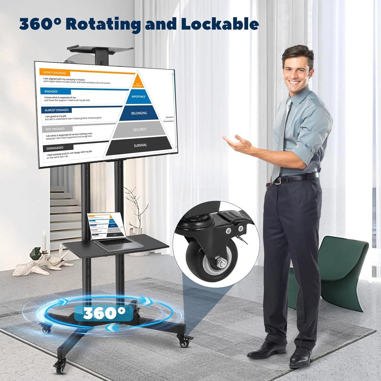 Mobile TV Stand with Height Adjustable Mount on Lockable Wheels for 32-65 Inch Flat and Curved Screens