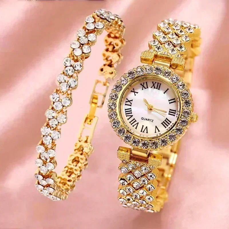 Fashion Luxury Full Crystal 5 Pcs Watch Necklace Earrings Ring Set for Women Rhinestone Wristwatch Female Bracelet Set Gift