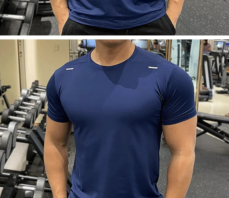 Summer Running Gym Men Shirt Short Sleeve Tees Elastic Tight Fit Sports Training Fitness Quick Dry Spandex Ice Silk T Shirt