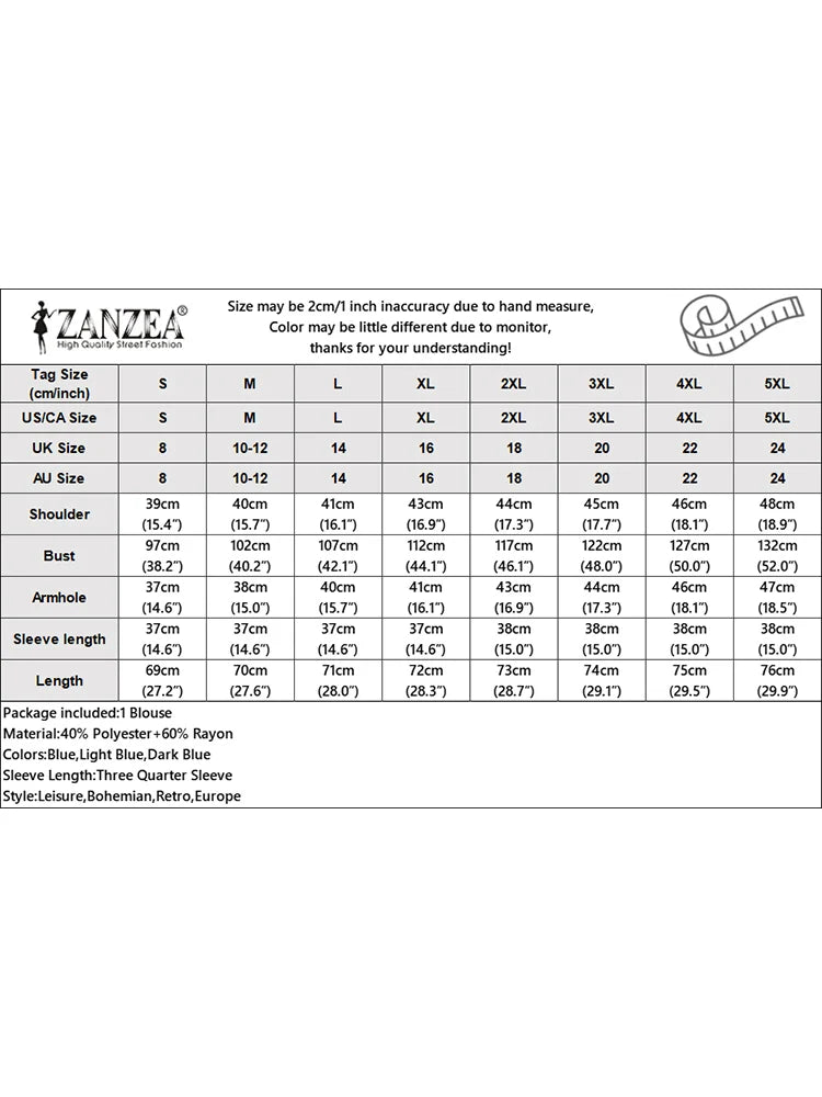 ZANZEA Casual Women Blusas Mujer Solid Summer Elegant Stylish Denim Shirt Lapel Neck Loose OL Work 3/4 Sleeve Blouse Tops Tunic