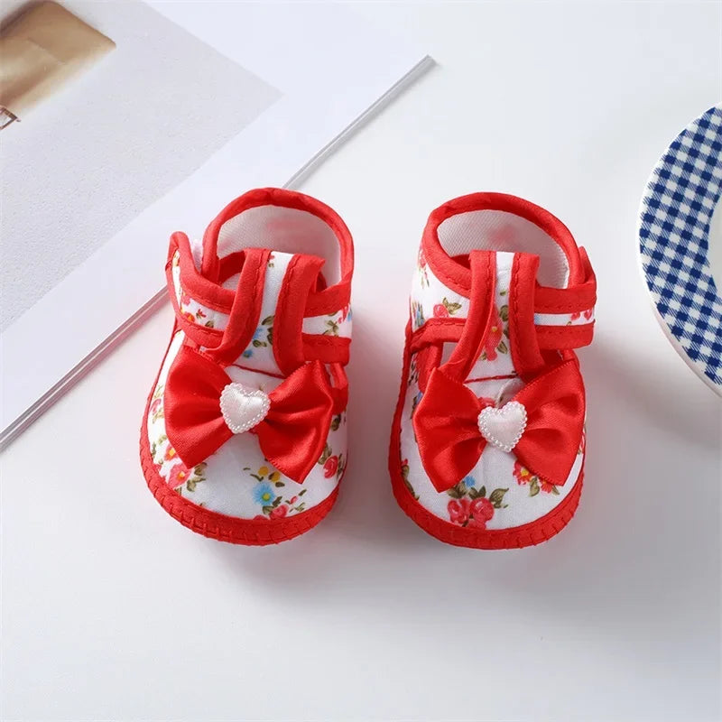 0-18months Baby Girls Flat Shoes Soft Sole Bowknot Flower Print Non-Slip Shoes For Infant Girls Indoor Outdoor First Walkers