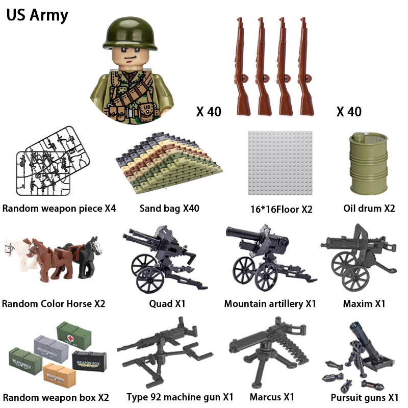 40pcs/batch WWII military characters WWII soldiers National army building blocks weapons Assembling bricks Children's toys