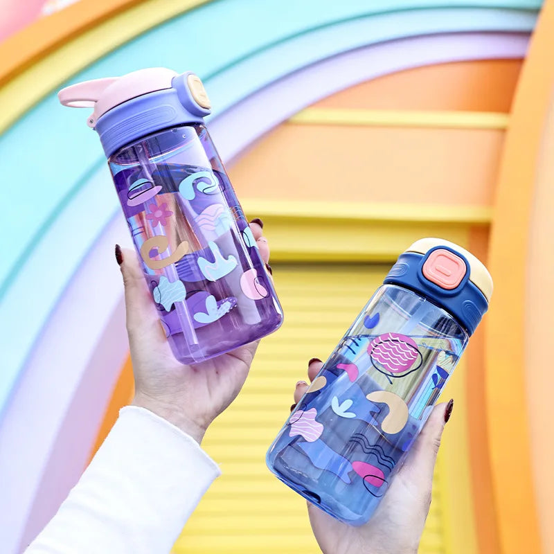 550ml Cute Kids Water Bottle with Straw Outdoor Portable Leakproof Plastic Water Cup  Portable Drinking Bottle Cup Children