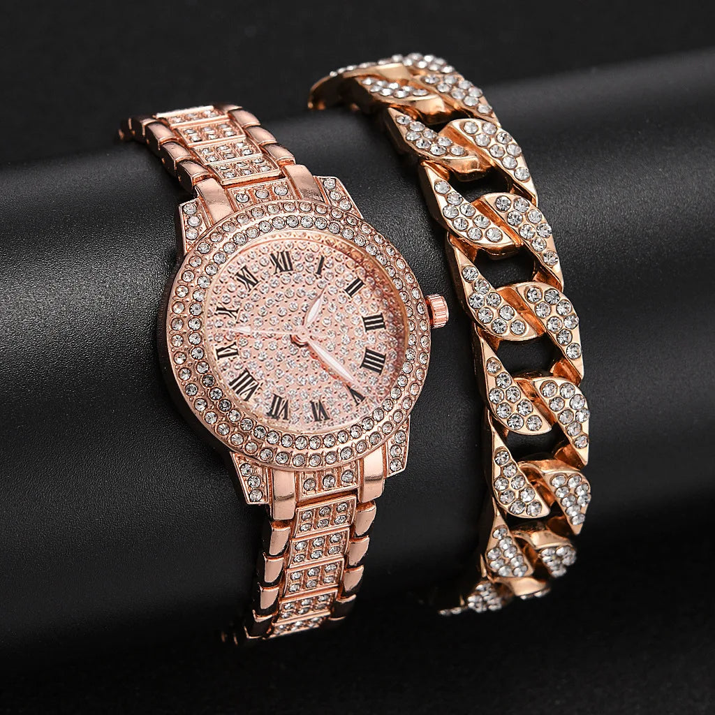 Fashion Luxury Full Crystal 5 Pcs Watch  Necklace Earrings  Ring  Set for Women Rhinestone  Wristwatch Female Bracelet Set Gift