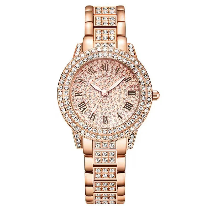 Fashion Luxury Full Crystal 5 Pcs Watch  Necklace Earrings  Ring  Set for Women Rhinestone  Wristwatch Female Bracelet Set Gift