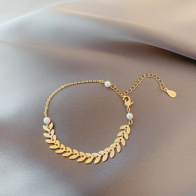JWER Simple Wheat Ear Pearl Bracelet Necklace Earrings Jewelry Set for Women Temperament Lucky Gold Color Bracelet Charm Jewelry