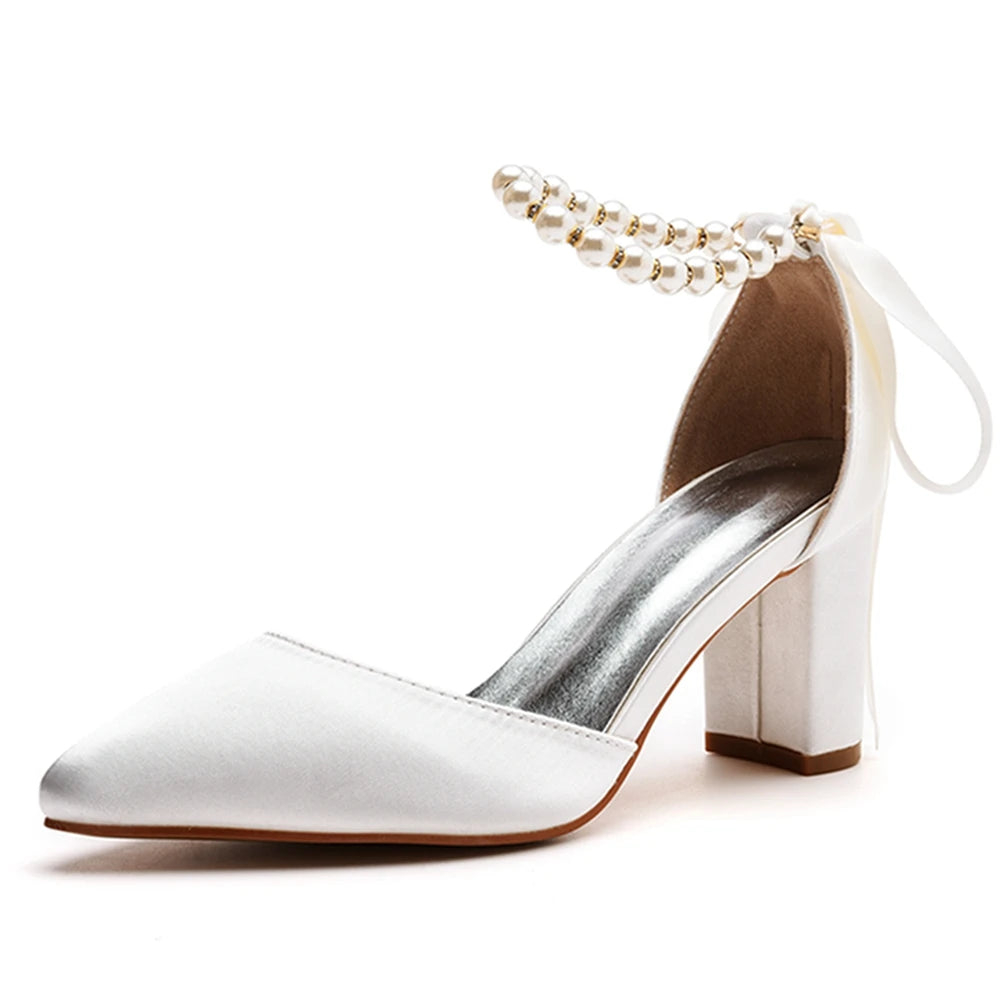 Crystal Queen Fashion Women Sexy Pumps Pointed Toe Buckle Strap Sandals Thick High Heel White Silk Beading Bride Shoes