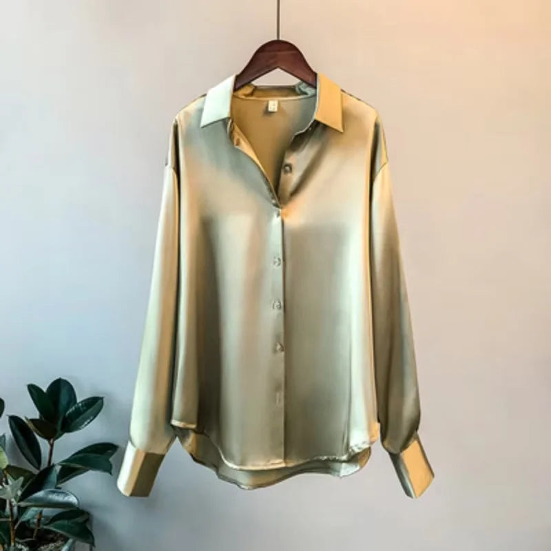 Spring Fashion Button Up Satin Silk Shirt Vintage Blouse Women White Tops Lady Long Sleeves Female Loose Street Shirts 11355
