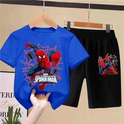 Children'S T-Shirts Spider-Man Set Aoger Spiderman Boys Summer Trend Baby Short Sleeve Shorts Two-Piece Set Kids Outfits Gifts ﻿