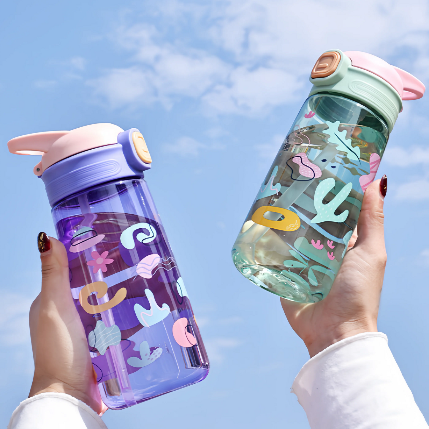550ml Cute Kids Water Bottle with Straw Outdoor Portable Leakproof Plastic Water Cup  Portable Drinking Bottle Cup Children