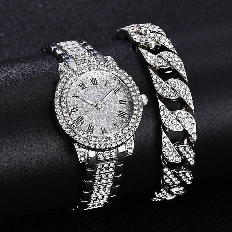 Fashion Luxury Full Crystal 5 Pcs Watch  Necklace Earrings  Ring  Set for Women Rhinestone  Wristwatch Female Bracelet Set Gift