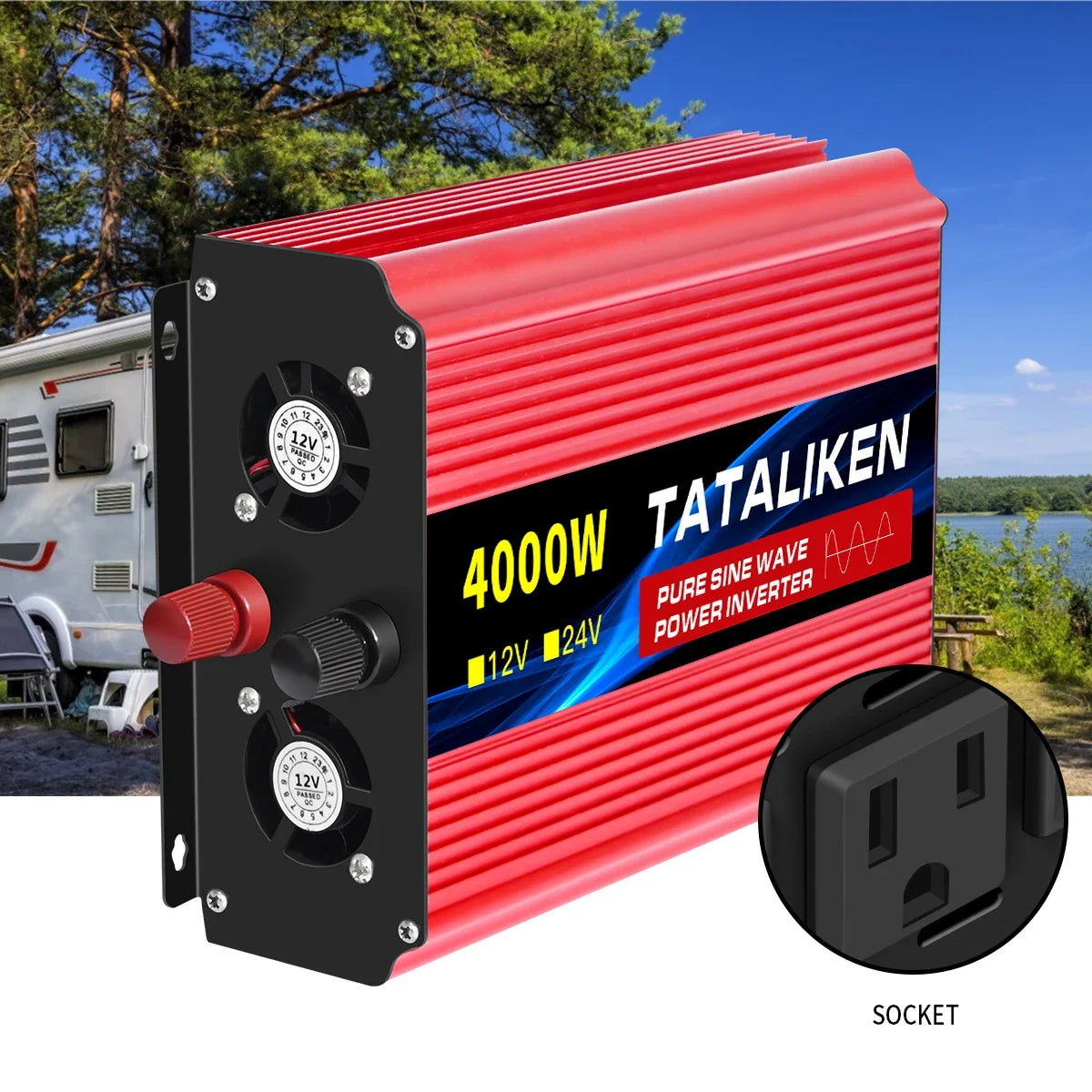 Pure Sine Wave Power Inverter 2200W 12V DC to 110V 60HZ with 2 AC Outlets and LCD Display Suitable For Family Travel and Camping