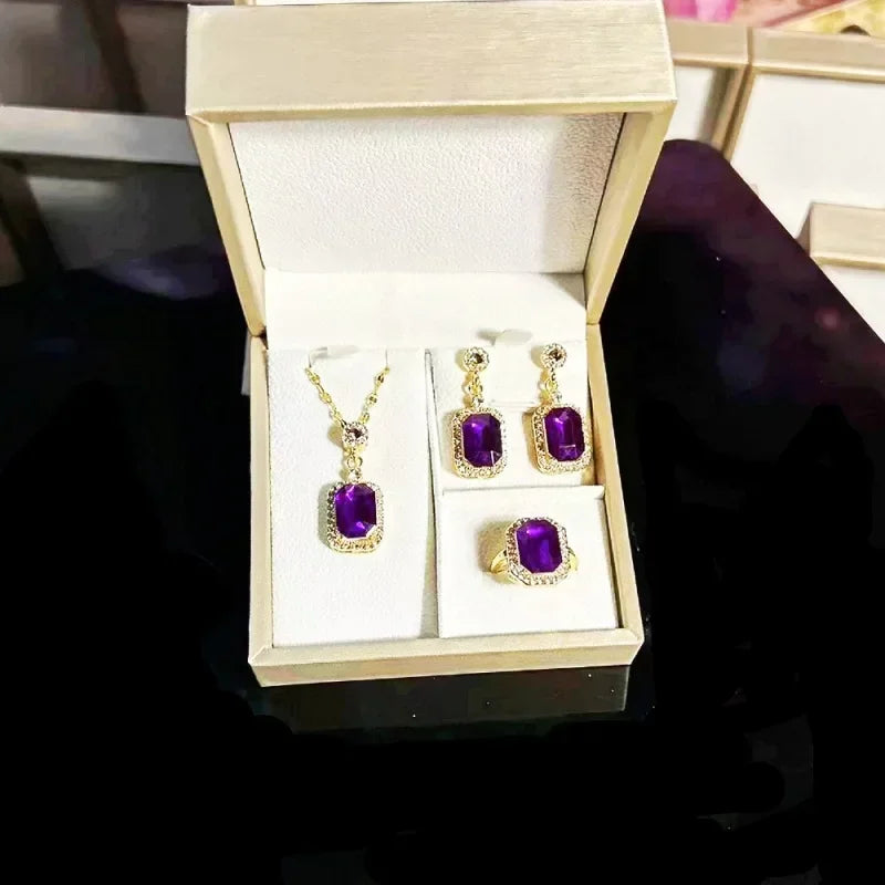 Luxury Emerald Color Earring Necklace Rings Set For Woman Stainless Steel Zircon Rectangle Pendant Necklace Party Jewelry Gift