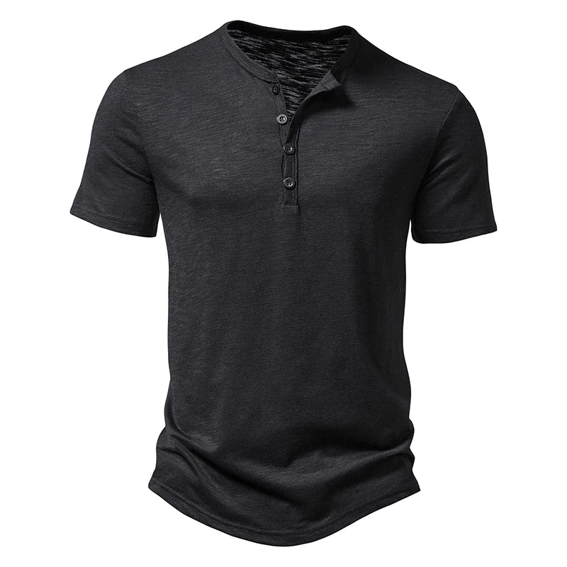 Henley Collar Summer Men's Casual Solid Color Short Sleeve T Shirt For Men Fashion Button Polo Male High Quality Top Tees Shirts