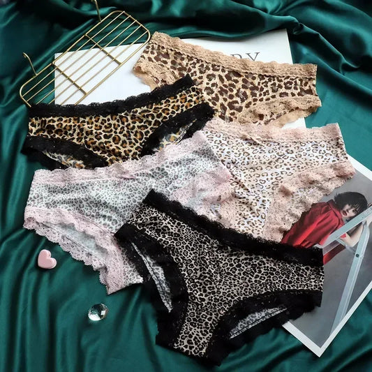 European and American Seamless Silk Skating Silk Printing Ladies Low-waist Leopard-print Panties Women's Lace Women's Briefs