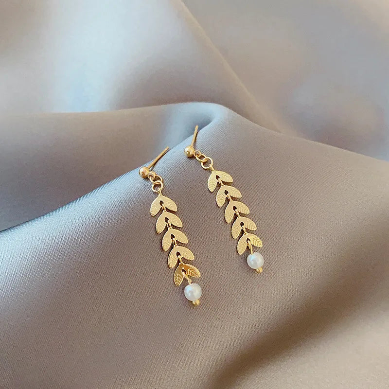 JWER Simple Wheat Ear Pearl Bracelet Necklace Earrings Jewelry Set for Women Temperament Lucky Gold Color Bracelet Charm Jewelry