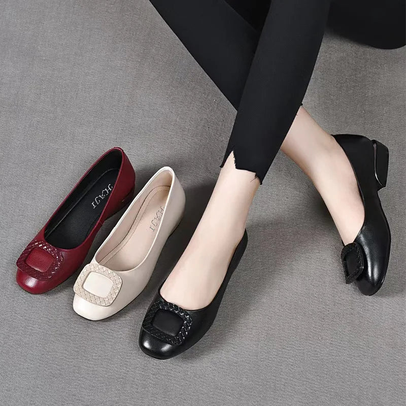 Soft Pu Leather Women's Low Heel Shoes Shallow Mouth All-match Comfortable Pumps Thick Heels Ladies Work Small Leather Shoes