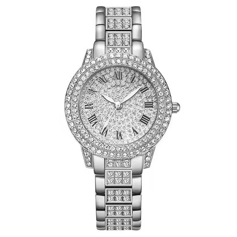 Fashion Luxury Full Crystal 5 Pcs Watch  Necklace Earrings  Ring  Set for Women Rhinestone  Wristwatch Female Bracelet Set Gift