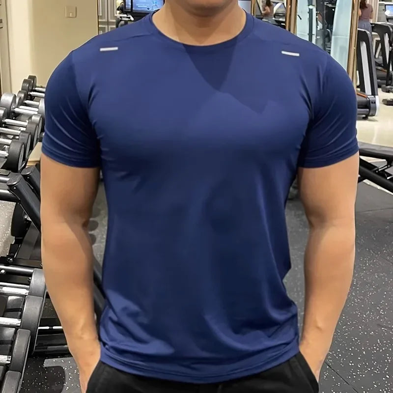 Summer Running Gym Men Shirt Short Sleeve Tees Elastic Tight Fit Sports Training Fitness Quick Dry Spandex Ice Silk T Shirt