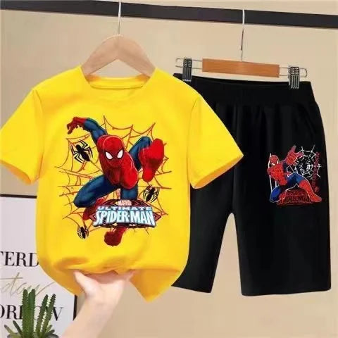 Children'S T-Shirts Spider-Man Set Aoger Spiderman Boys Summer Trend Baby Short Sleeve Shorts Two-Piece Set Kids Outfits Gifts ﻿