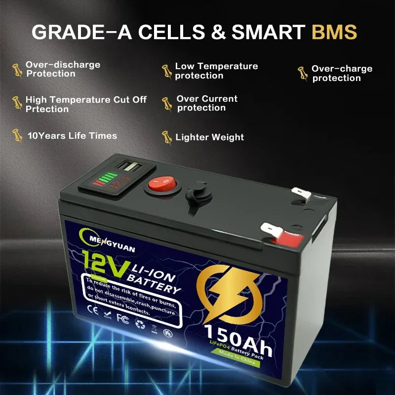 12V 150Ah LiFeP04 Battery Deep Cycle Lithium Battery 30A BMS 6000+ Cycles Perfect for Solar Fish Finder Power Wheel Boat Home RV