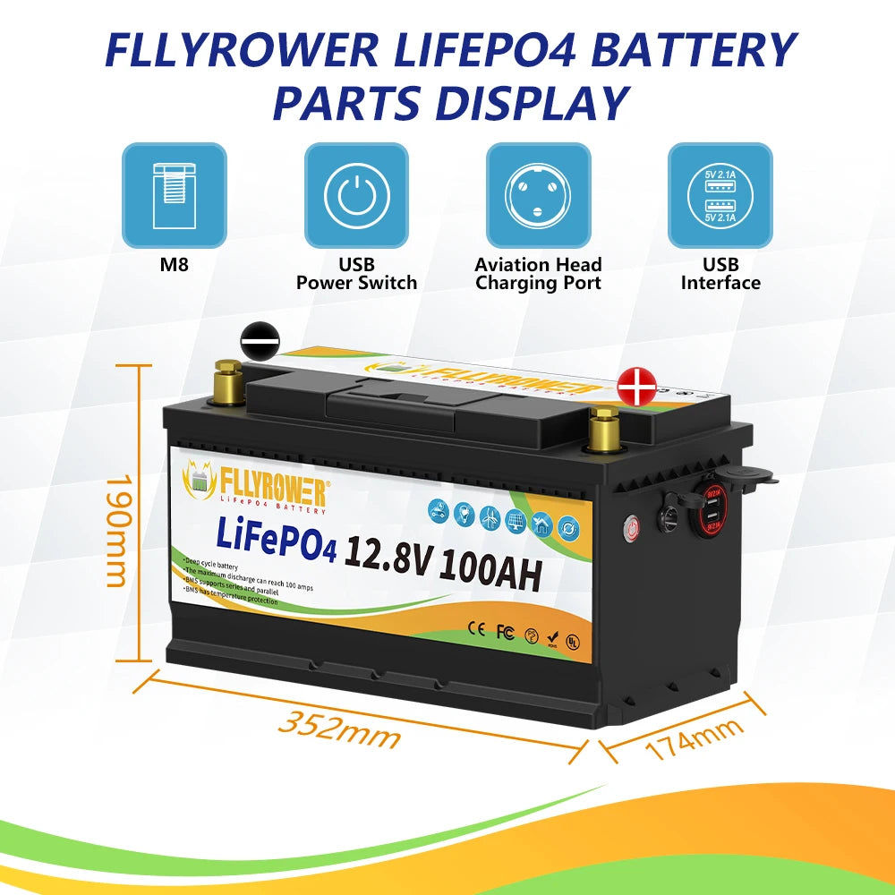 Germany Stock FLLYROWER 12.8v 100Ah 120Ah 180Ah 200Ah 300Ah LiFePO4 Battery Pack Solar Lithium Lifepo4  Battery
