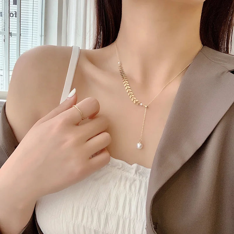 JWER Simple Wheat Ear Pearl Bracelet Necklace Earrings Jewelry Set for Women Temperament Lucky Gold Color Bracelet Charm Jewelry