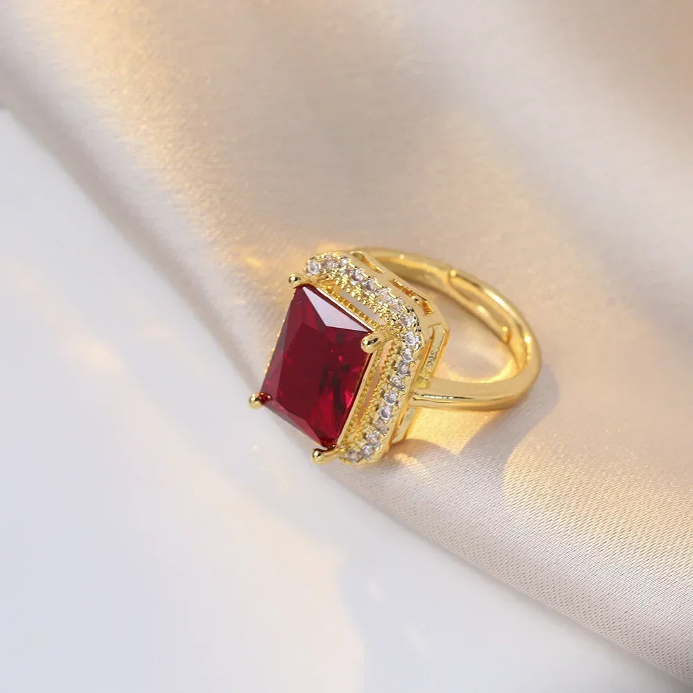 Luxury Emerald Color Earring Necklace Rings Set For Woman Stainless Steel Zircon Rectangle Pendant Necklace Party Jewelry Gift