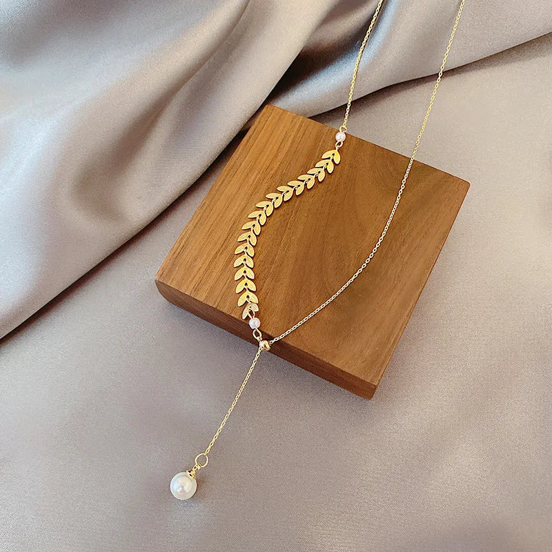 JWER Simple Wheat Ear Pearl Bracelet Necklace Earrings Jewelry Set for Women Temperament Lucky Gold Color Bracelet Charm Jewelry