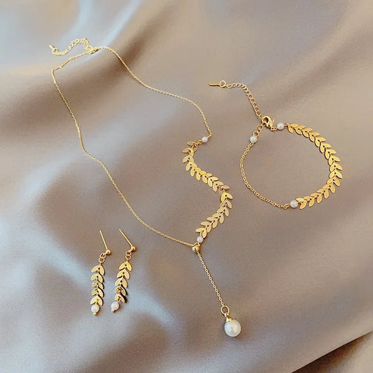 JWER Simple Wheat Ear Pearl Bracelet Necklace Earrings Jewelry Set for Women Temperament Lucky Gold Color Bracelet Charm Jewelry