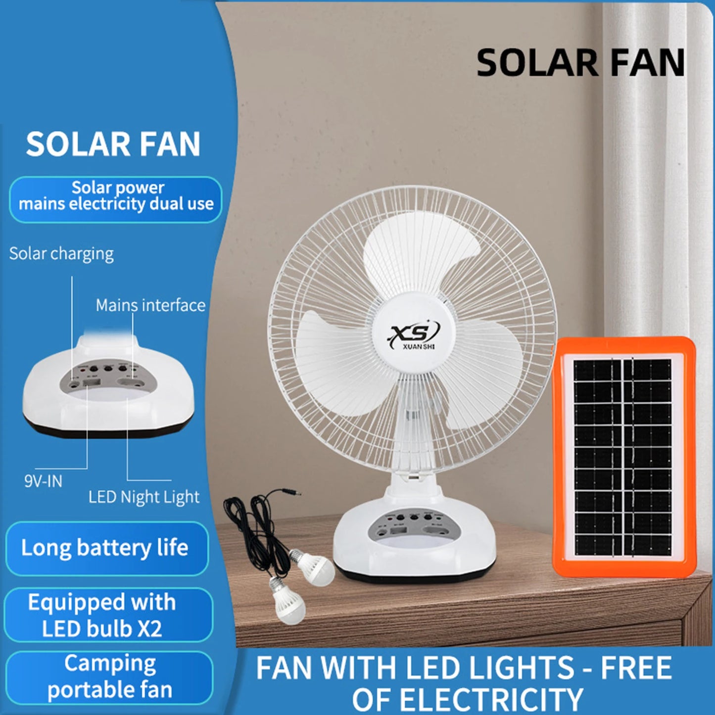 Solar Powered Fan Portable Solar Desktop Fan Multipurpose Desktop Bedside Fan Rechargeable for Camping Home Outdoor Office