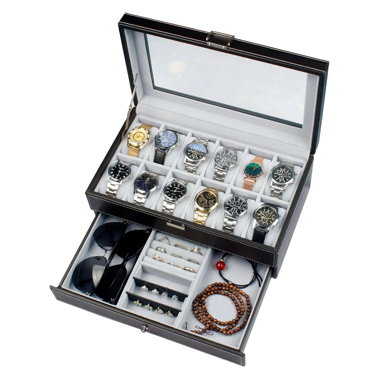 2024 New 12 Slot Leather Lockable Watch Storage Boxes,Men & Women's Jewelry Display Drawer Case, 2-Tier Organizer Watch Showcase
