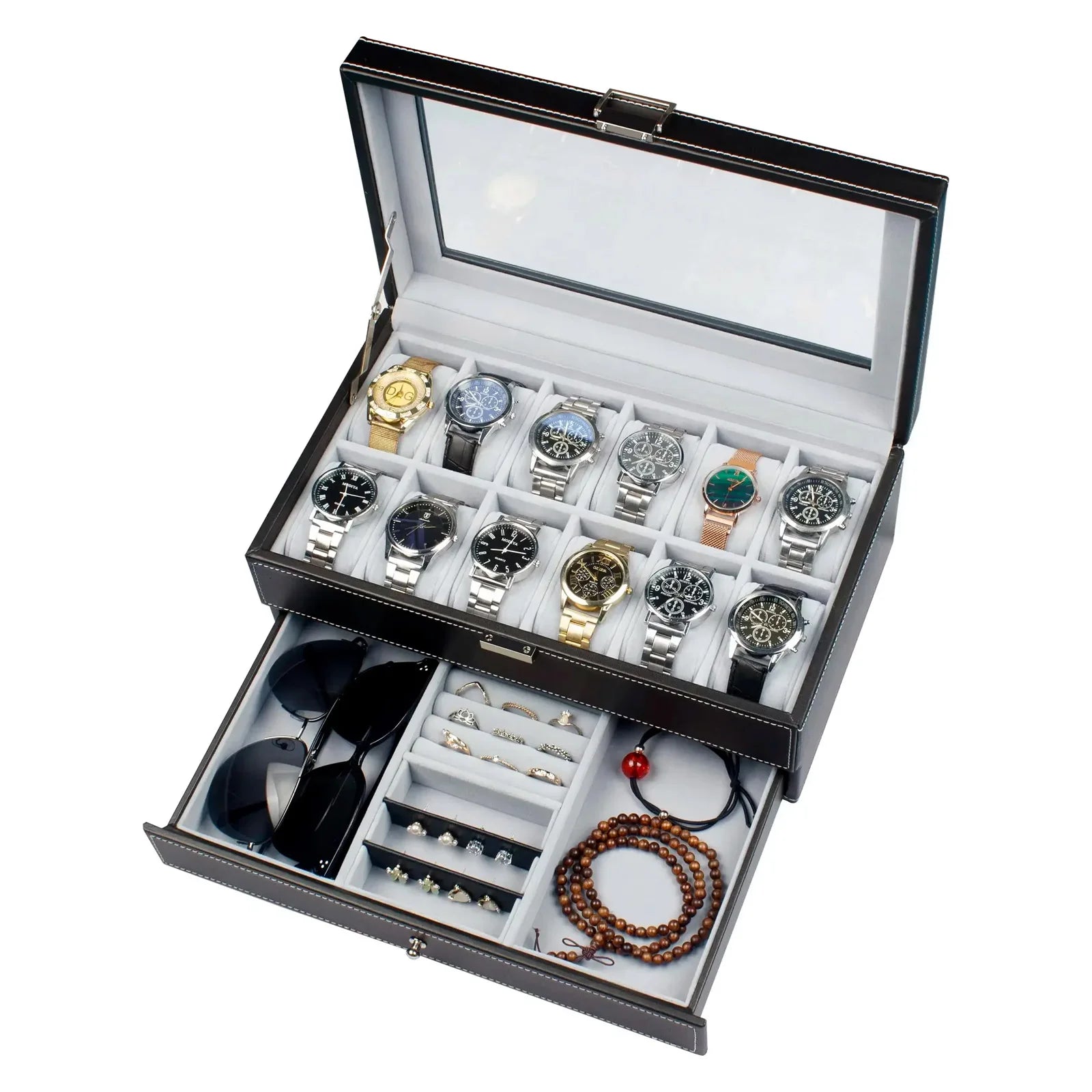 2024 New 12 Slot Leather Lockable Watch Storage Boxes,Men & Women's Jewelry Display Drawer Case, 2-Tier Organizer Watch Showcase