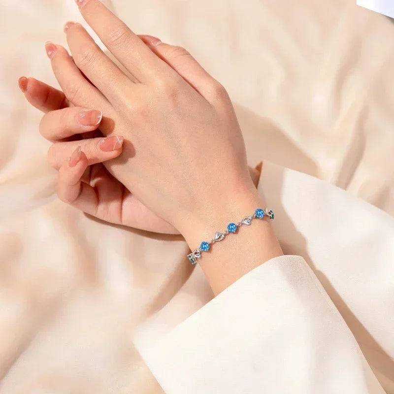925 Sterling Silver Heart Shaped Necklace Bracelet Set for Women Vintage Korean Crystal Bracelets High Quality Set Party Jewelry