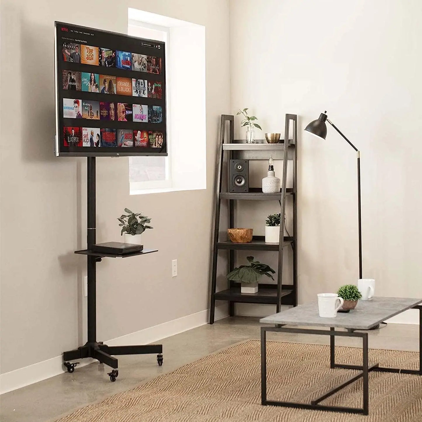 Mobile TV Stand with Height Adjustable Mount on Lockable Wheels for 32-65 Inch Flat and Curved Screens