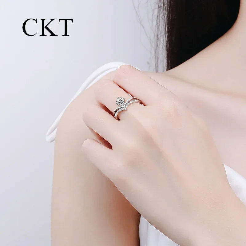 CKT Real 18K White Gold 0.5 Carat D Color Moissanite Rings for Women Platinum Pt950 New Princess Crown Wedding Ring Fine Jewelry