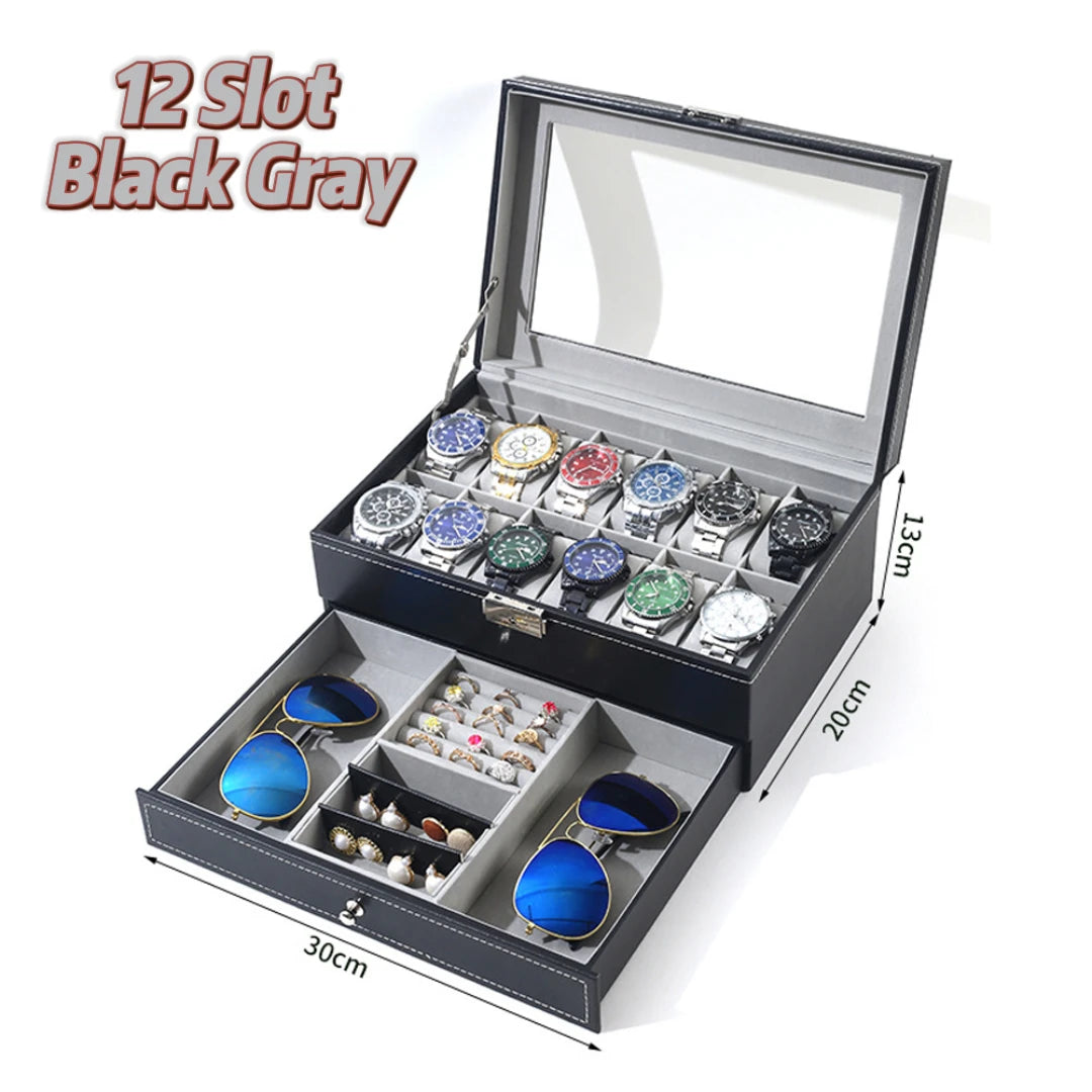 2024 New 12 Slot Leather Lockable Watch Storage Boxes,Men & Women's Jewelry Display Drawer Case, 2-Tier Organizer Watch Showcase