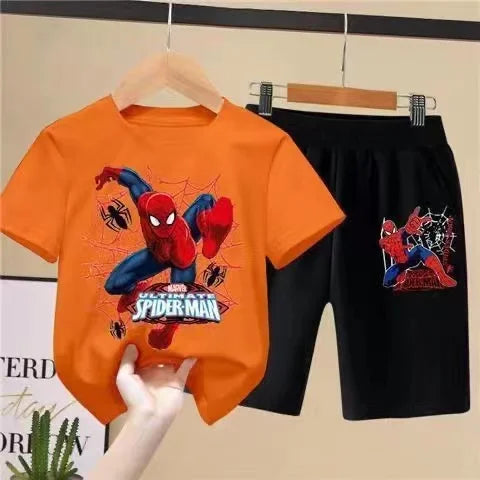 Children'S T-Shirts Spider-Man Set Aoger Spiderman Boys Summer Trend Baby Short Sleeve Shorts Two-Piece Set Kids Outfits Gifts ﻿