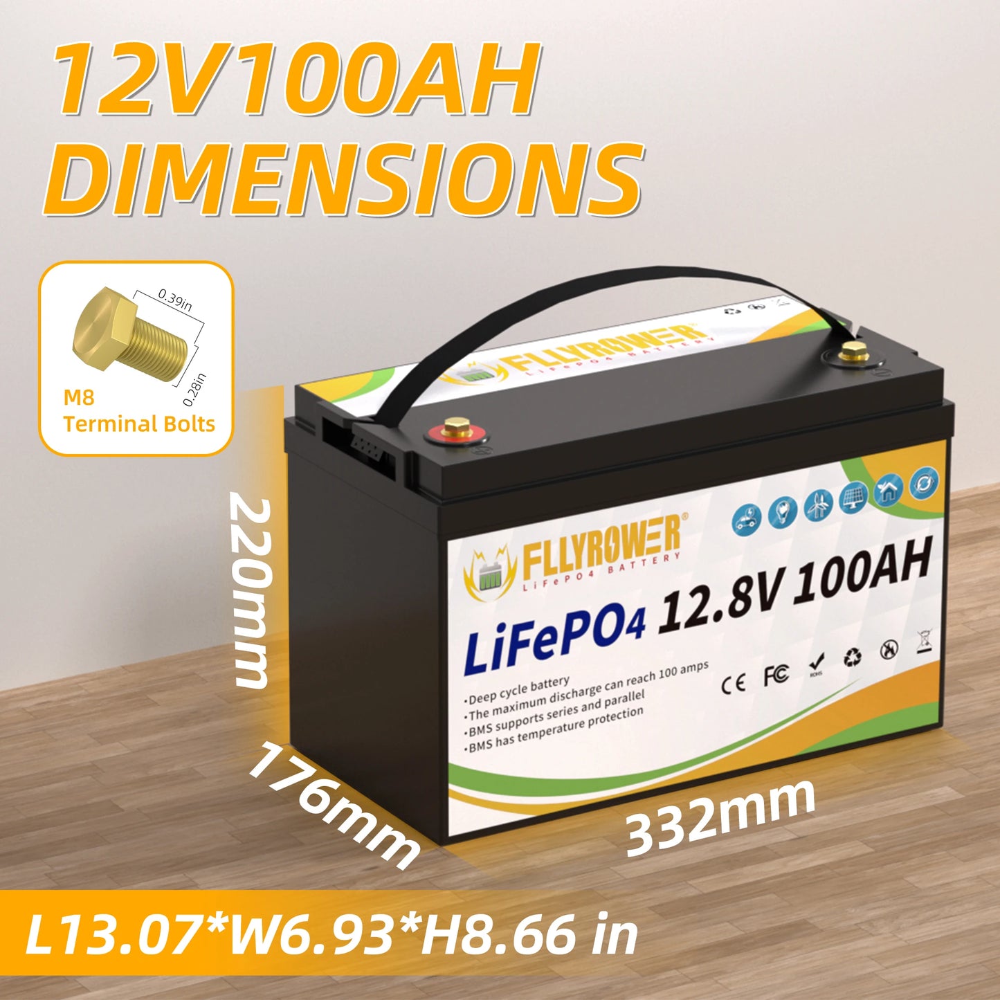 Germany Stock FLLYROWER 12.8v 100Ah 120Ah 180Ah 200Ah 300Ah LiFePO4 Battery Pack Solar Lithium Lifepo4  Battery