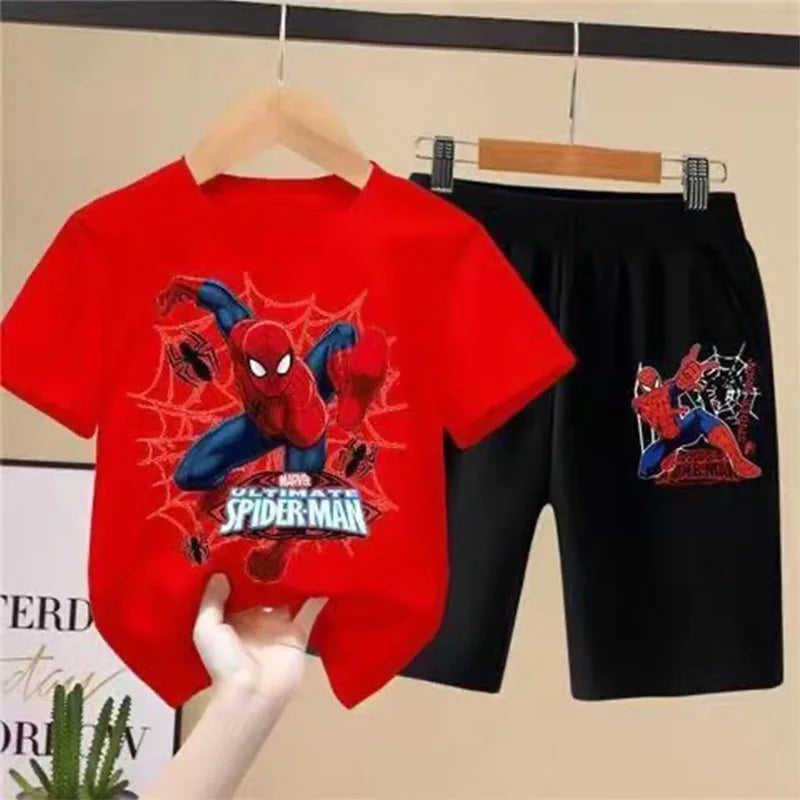 Children'S T-Shirts Spider-Man Set Aoger Spiderman Boys Summer Trend Baby Short Sleeve Shorts Two-Piece Set Kids Outfits Gifts ﻿
