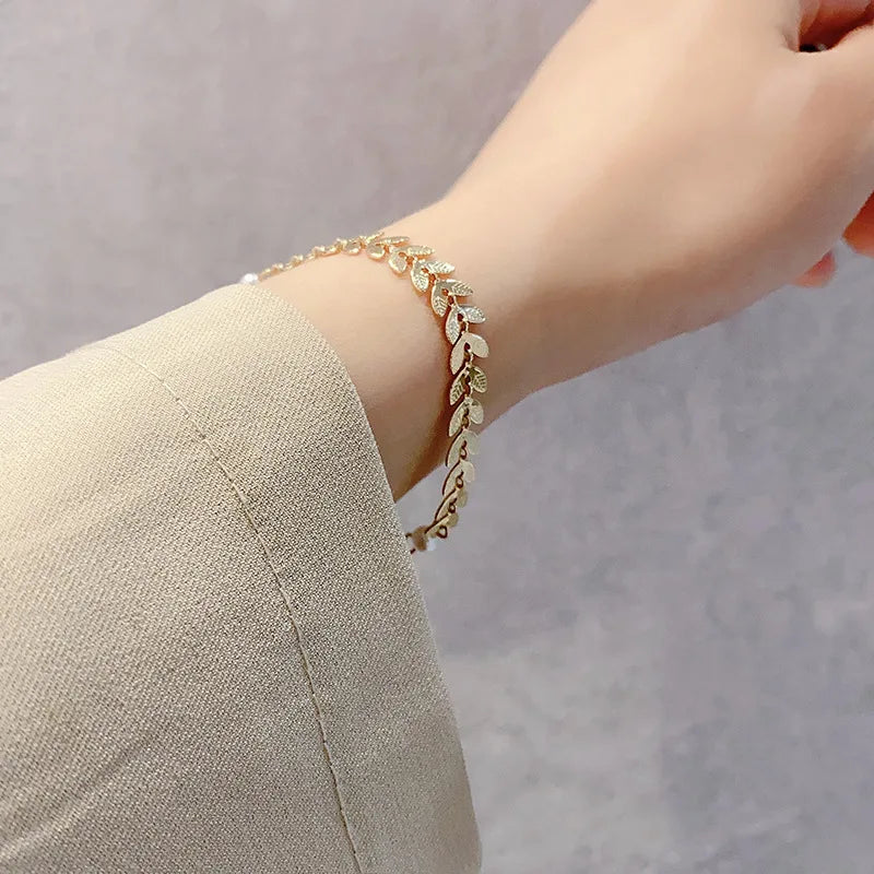 JWER Simple Wheat Ear Pearl Bracelet Necklace Earrings Jewelry Set for Women Temperament Lucky Gold Color Bracelet Charm Jewelry