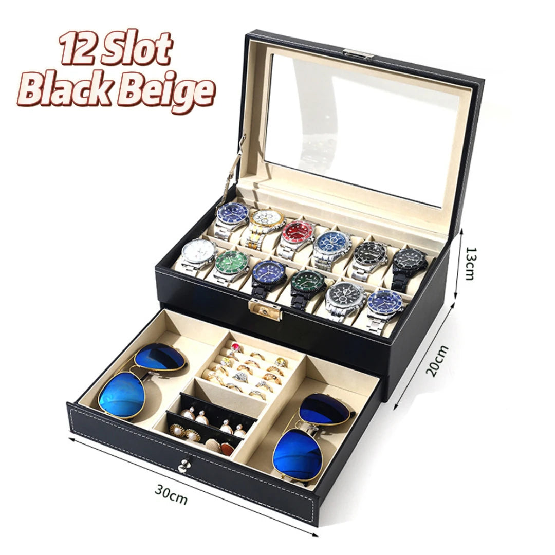 2024 New 12 Slot Leather Lockable Watch Storage Boxes,Men & Women's Jewelry Display Drawer Case, 2-Tier Organizer Watch Showcase