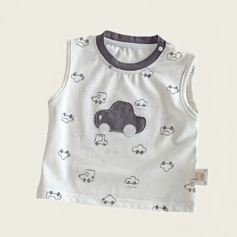 Cute Cotton Cartoon Car Applique Print Sleeveless Top and Plaid Shorts Comfortable and Fashionable Kids Set for 0-5 Y Baby Boys
