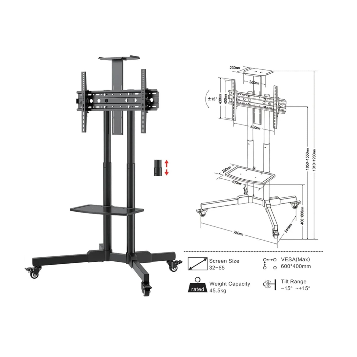 Mobile TV Stand with Height Adjustable Mount on Lockable Wheels for 32-65 Inch Flat and Curved Screens