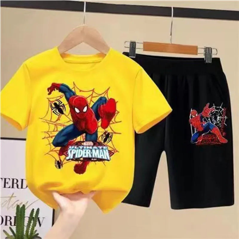 Children'S T-Shirts Spider-Man Set Aoger Spiderman Boys Summer Trend Baby Short Sleeve Shorts Two-Piece Set Kids Outfits Gifts ﻿
