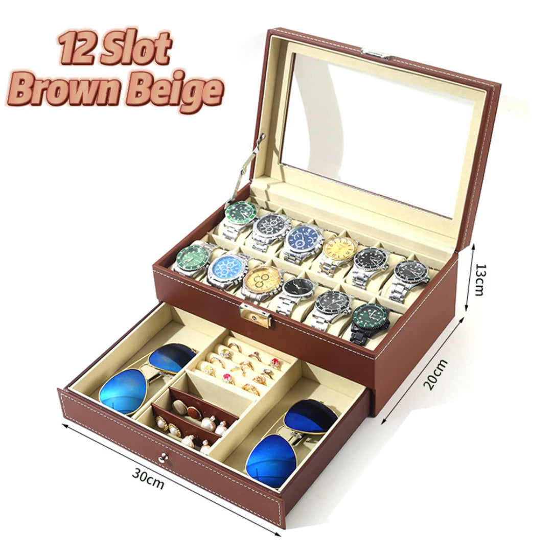 2024 New 12 Slot Leather Lockable Watch Storage Boxes,Men & Women's Jewelry Display Drawer Case, 2-Tier Organizer Watch Showcase
